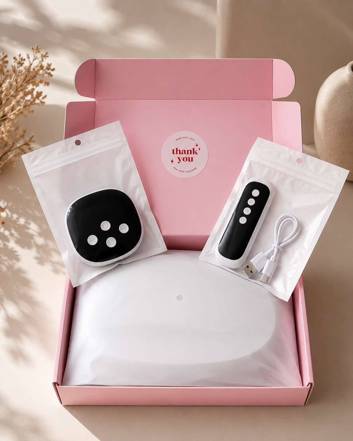Contenu du coffret Jour Rouge Day One avec ceinture chauffante, télécommande et câble de rechange
