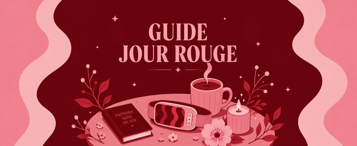 Illustration d'une ceinture chauffante menstruelle Day One accompagnée d'un livre, d'une tasse, d'une bougie et de fleurs dans une ambiance cocooning, représentant le Guide Jour Rouge consacré au cycle menstruel et au bien-être féminin.