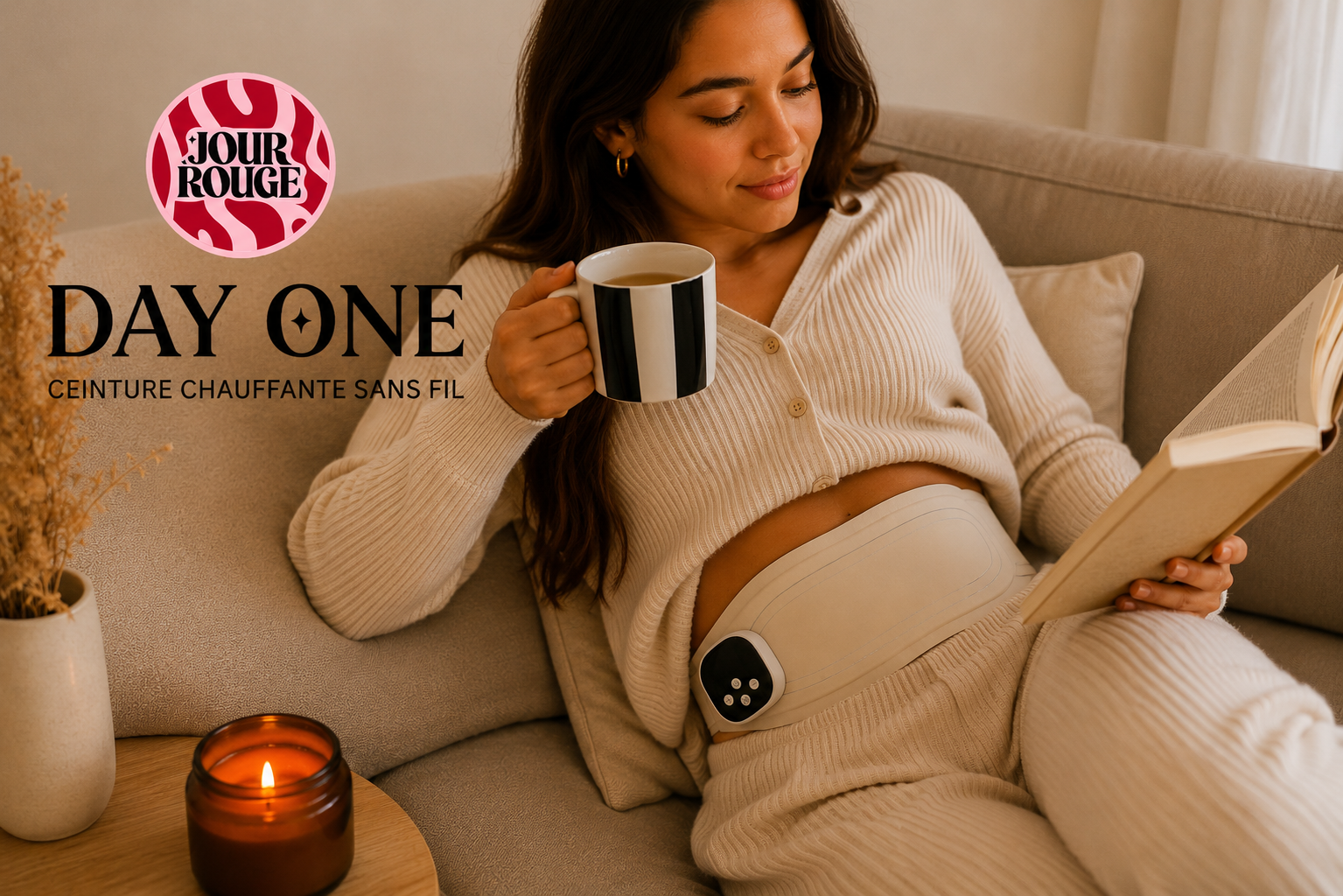 Femme portant la ceinture chauffante menstruelle sans fil Day One Jour Rouge sur le ventre pendant un moment de détente à la maison.