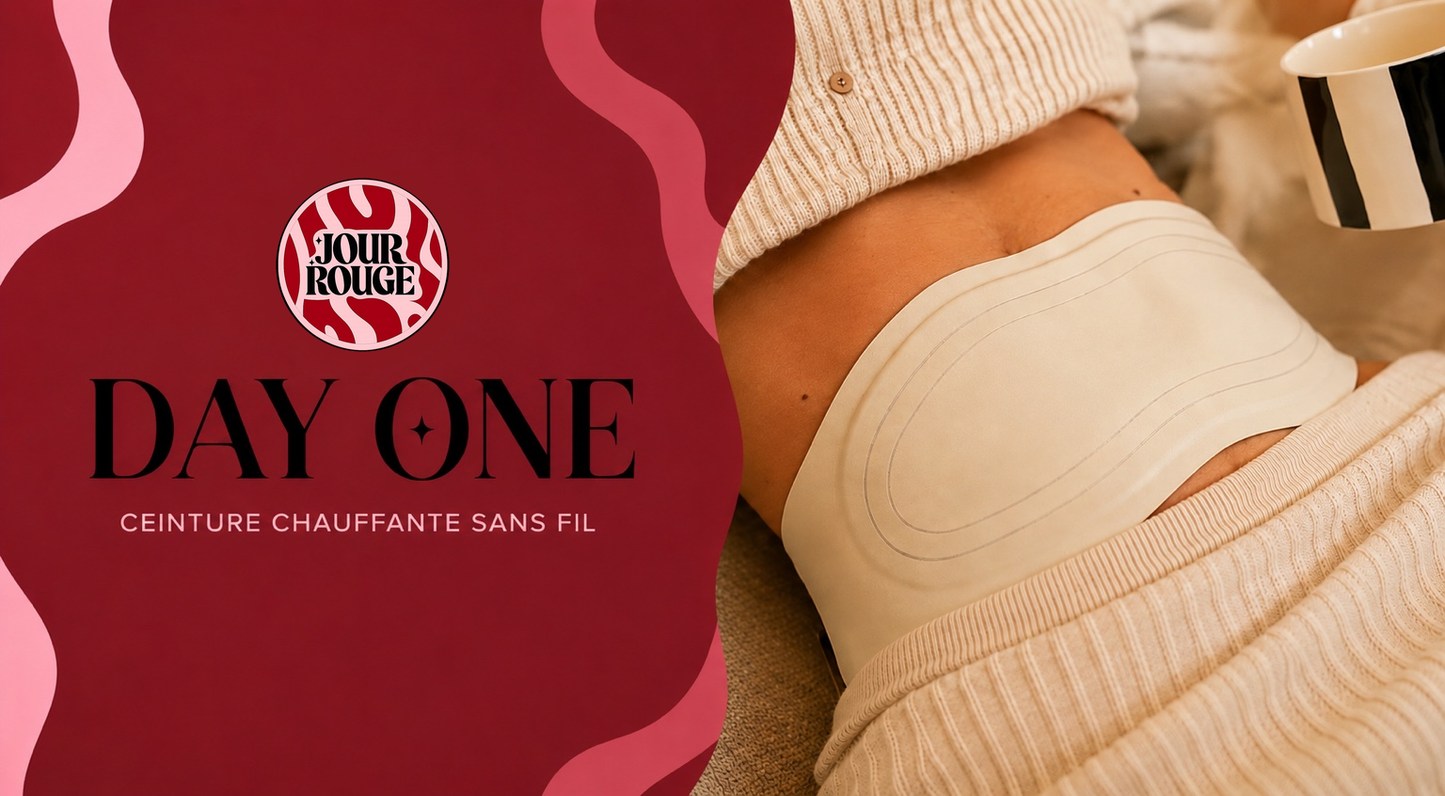 Ceinture chauffante menstruelle sans fil Jour Rouge Day One portée sur le ventre
